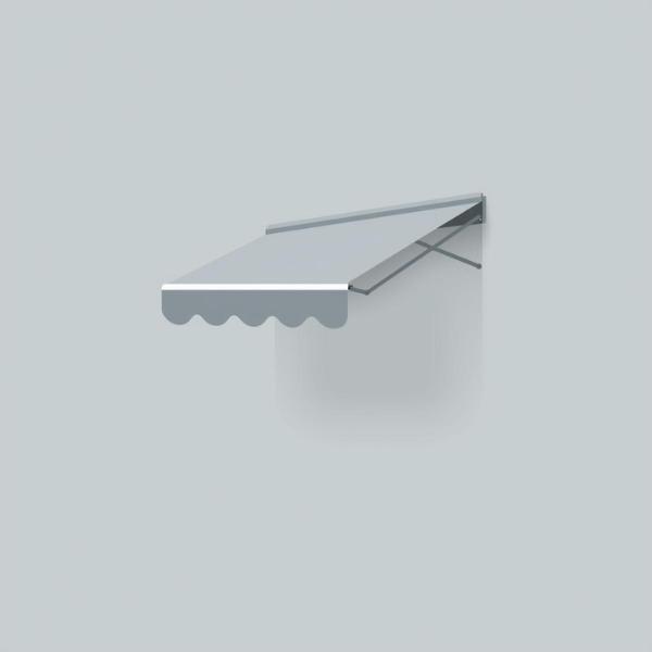 A simple, modern metal awning with a scalloped edge is attached to a light gray wall, casting a soft shadow. The awning appears minimalistic and provides partial shade.