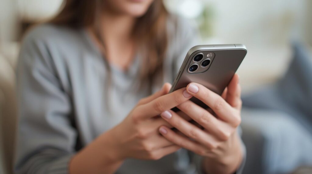 A person with long hair wearing a gray top is holding and using a smartphone with both hands, focusing on the screen. Scheduling a appointment with Simpli Shaded.