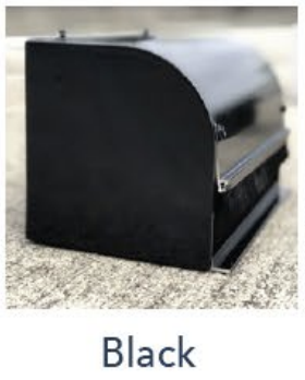 A black, rectangular metal mailbox with a curved top sits on a concrete surface. The word Black is written below the image.