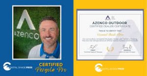 Split image: left side shows a smiling man with short hair and beard standing in front of an Azenco sign; right side displays an Azenco Outdoor Certified Dealer Certificate. Text reads Certified Pergola Pro.