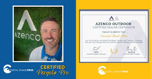 Split image: left side shows a smiling man with short hair and beard standing in front of an Azenco sign; right side displays an Azenco Outdoor Certified Dealer Certificate. Text reads Certified Pergola Pro.