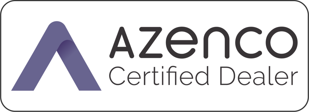 Azenco Certified Dealer logo featuring a stylized purple A on the left and the words Azenco Certified Dealer in black text on a white background with a rounded black border.