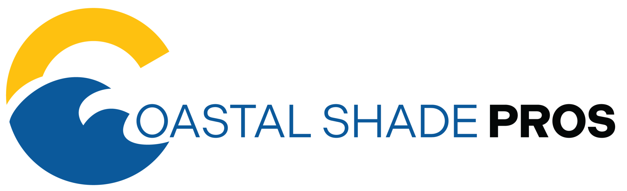 Logo for Coastal Shade Pros with a yellow semicircle resembling a sun and a blue wave graphic, followed by the text COASTAL SHADE PROS in blue and black capital letters.