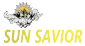 The Boval Family Logo with two angels in front of a yellow sun and gray clouds, above the words SUN SAVIOR in large yellow letters.